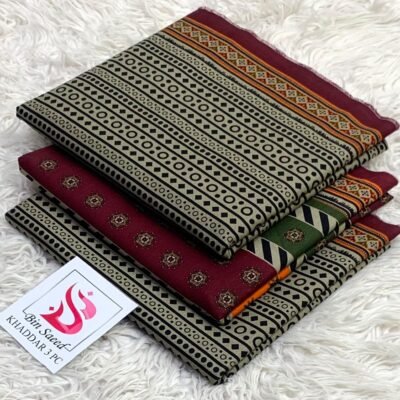 Bin Saeed Khaddar 3PC – Maroon & Olive Geometric