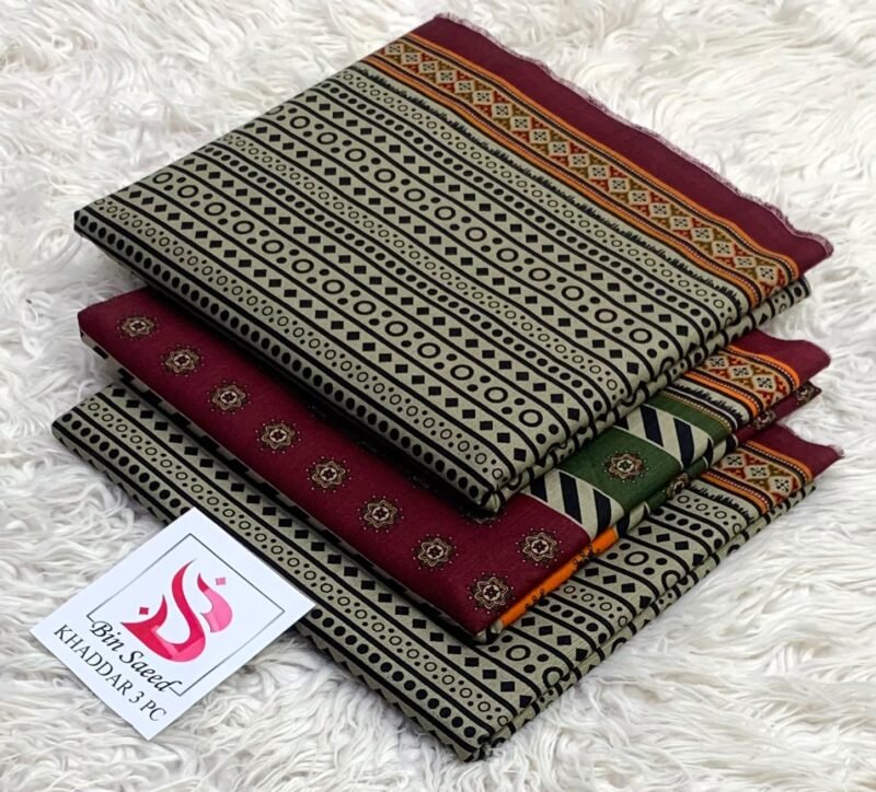 Bin Saeed Khaddar 3PC – Maroon & Olive Geometric