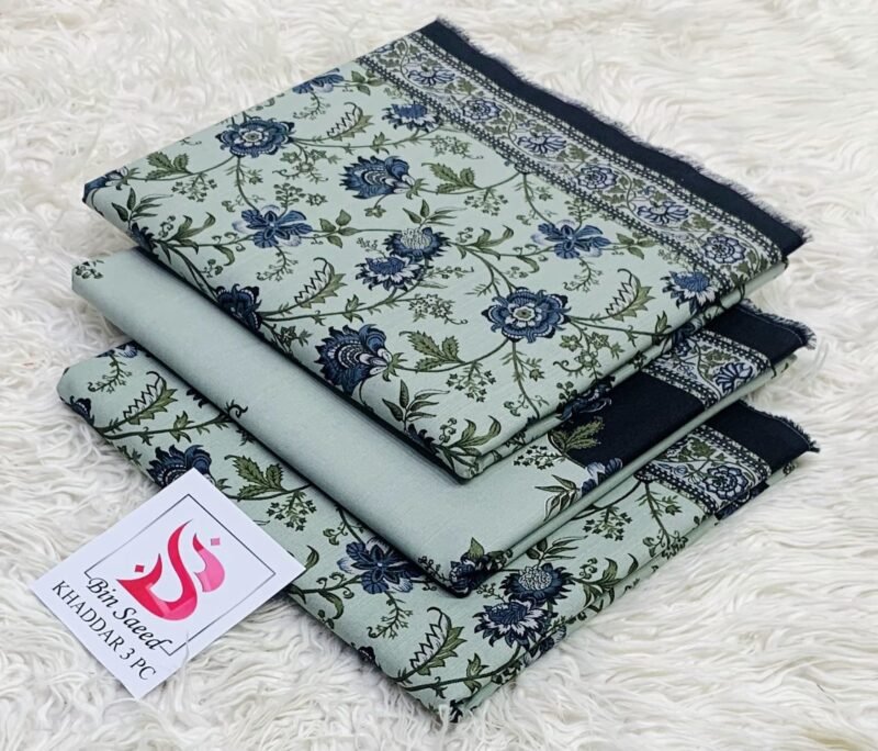 Bin Saeed Khaddar 3PC – Mint Green & Royal Blue Floral