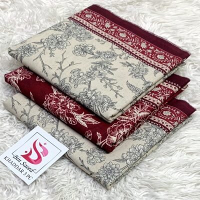 Bin Saeed Khaddar 3PC – Ivory & Deep Maroon Floral