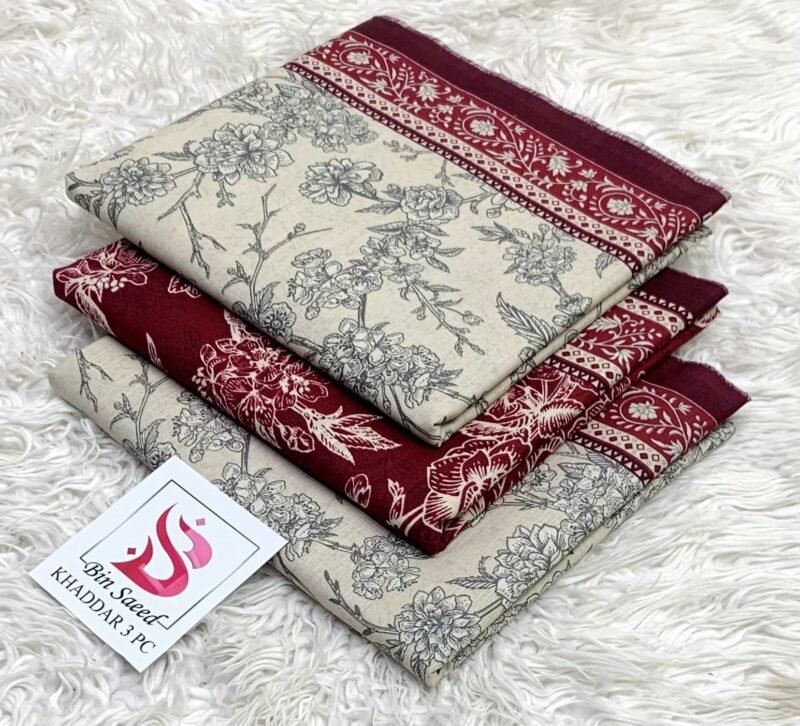 Bin Saeed Khaddar 3PC – Ivory & Deep Maroon Floral