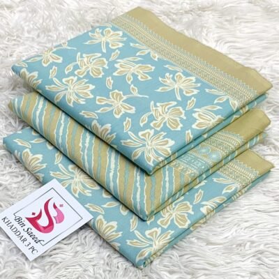 Bin Saeed Khaddar 3PC – Aqua Blue & Khaki Floral