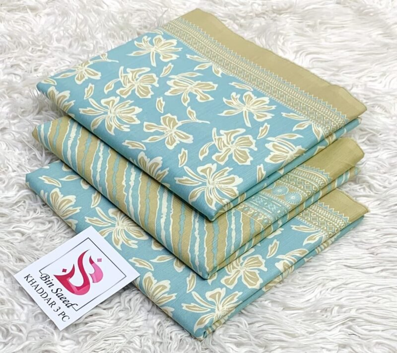 Bin Saeed Khaddar 3PC – Aqua Blue & Khaki Floral