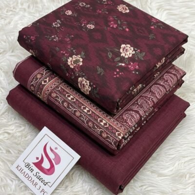 Bin Saeed Khaddar 3PC – Wine Maroon & Floral Ikat