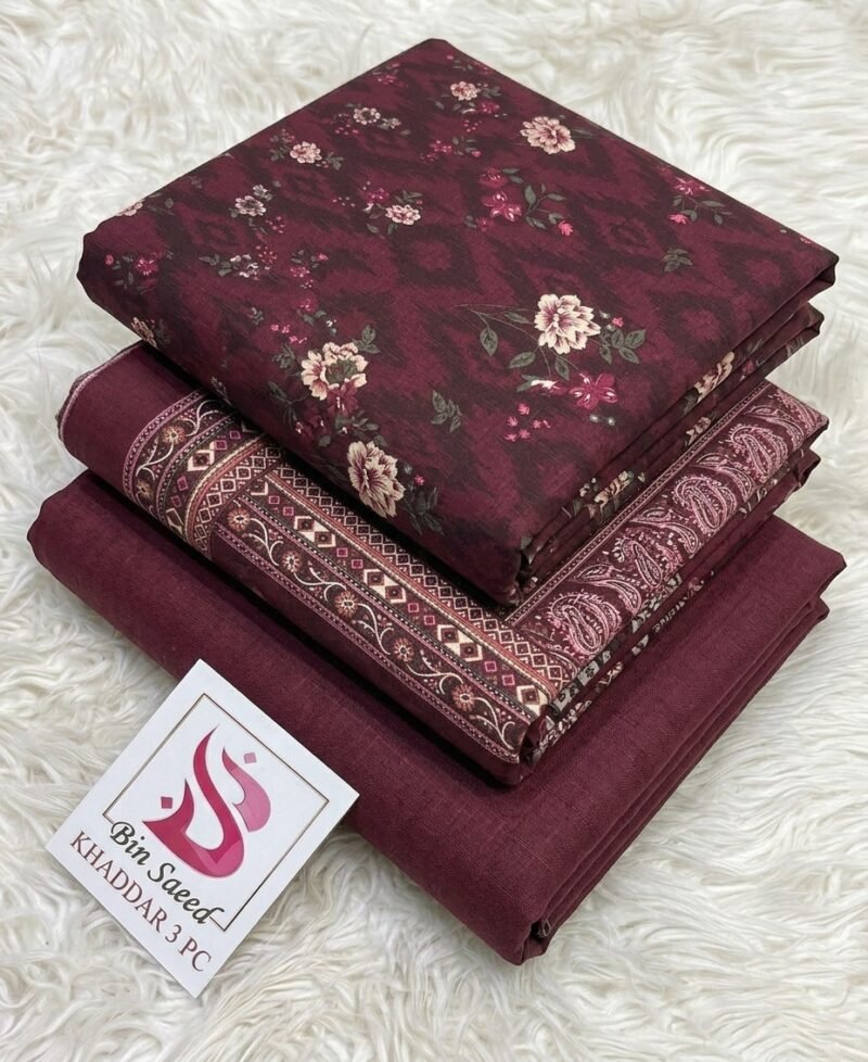 Bin Saeed Khaddar 3PC – Wine Maroon & Floral Ikat