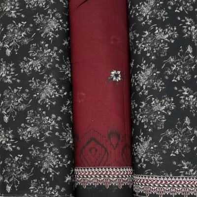 Bin Saeed Khaddar 3PC – Charcoal Black & Maroon Floral