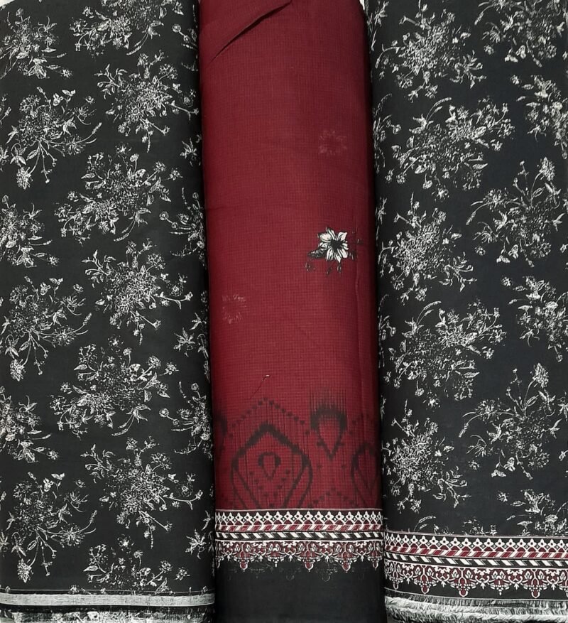 Bin Saeed Khaddar 3PC – Charcoal Black & Maroon Floral