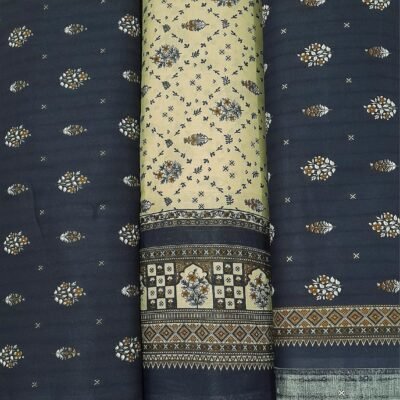 Bin Saeed Khaddar 3PC – Midnight Navy & Cream Ethnic
