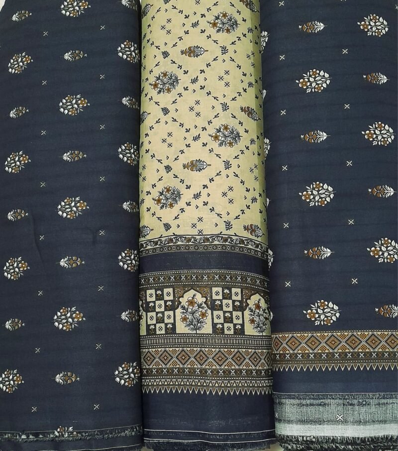 Bin Saeed Khaddar 3PC – Midnight Navy & Cream Ethnic